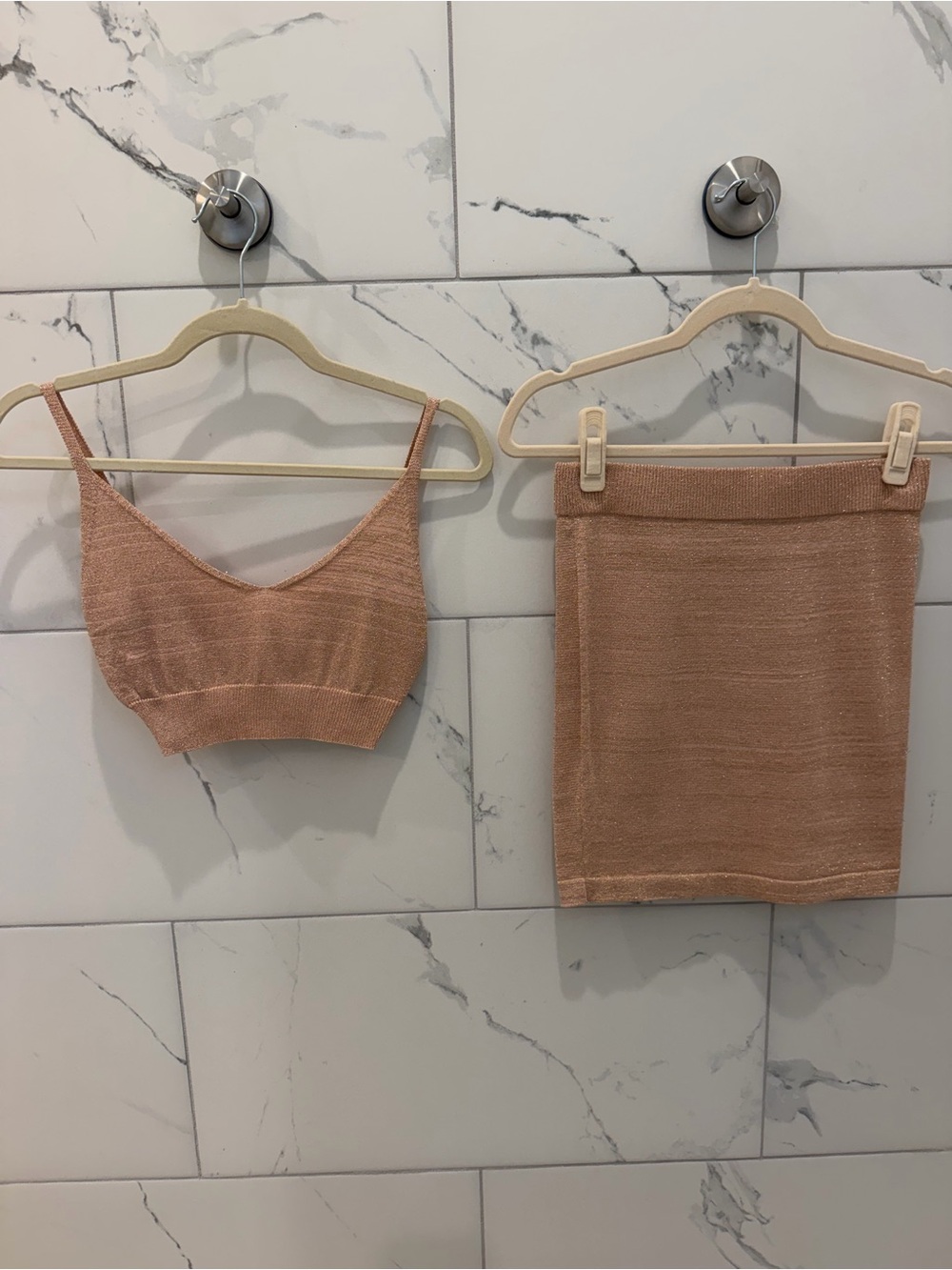 by the way. Rose Gold Knit Mini Skirt & Crop Top Set